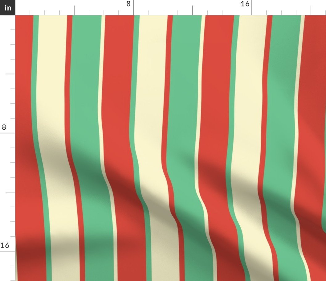 Alternating Red Vermillion, Green and Yellow Gold Vintage Christmas Stripe Fabric