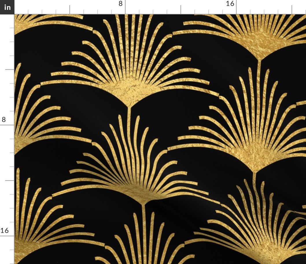 Antique Gold and Black Jumbo Art Deco Palm Leaves Fabric Antique Gold and Black Jumbo Art Deco Palm Leaves Fabric