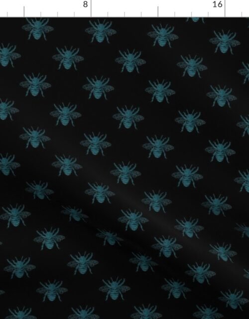 Aqua Blue Faux-foiled Bees on Black Fabric