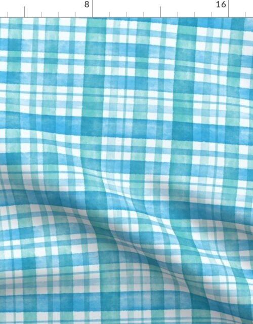 Aqua Blue and Teal Watercolor Tartan Checked Plaid Fabric