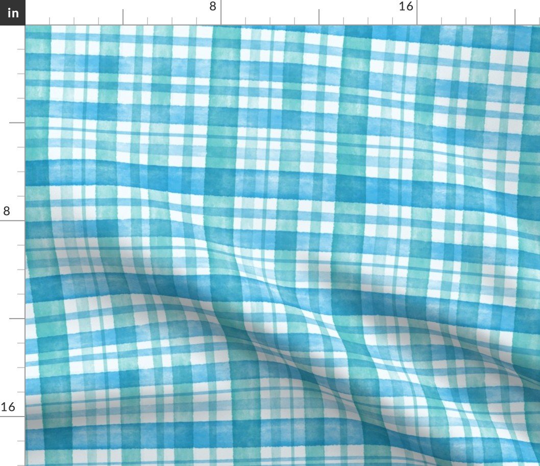Aqua Blue and Teal Watercolor Tartan Checked Plaid Fabric
