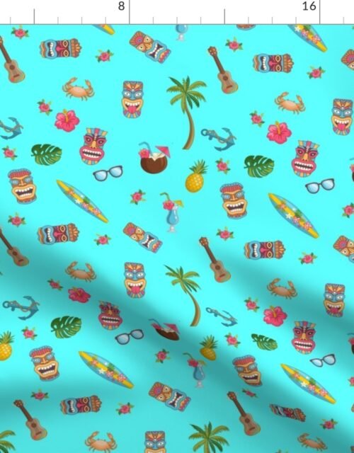 Aqua Tropical Hawaiian Tiki Repeat Pattern Fabric