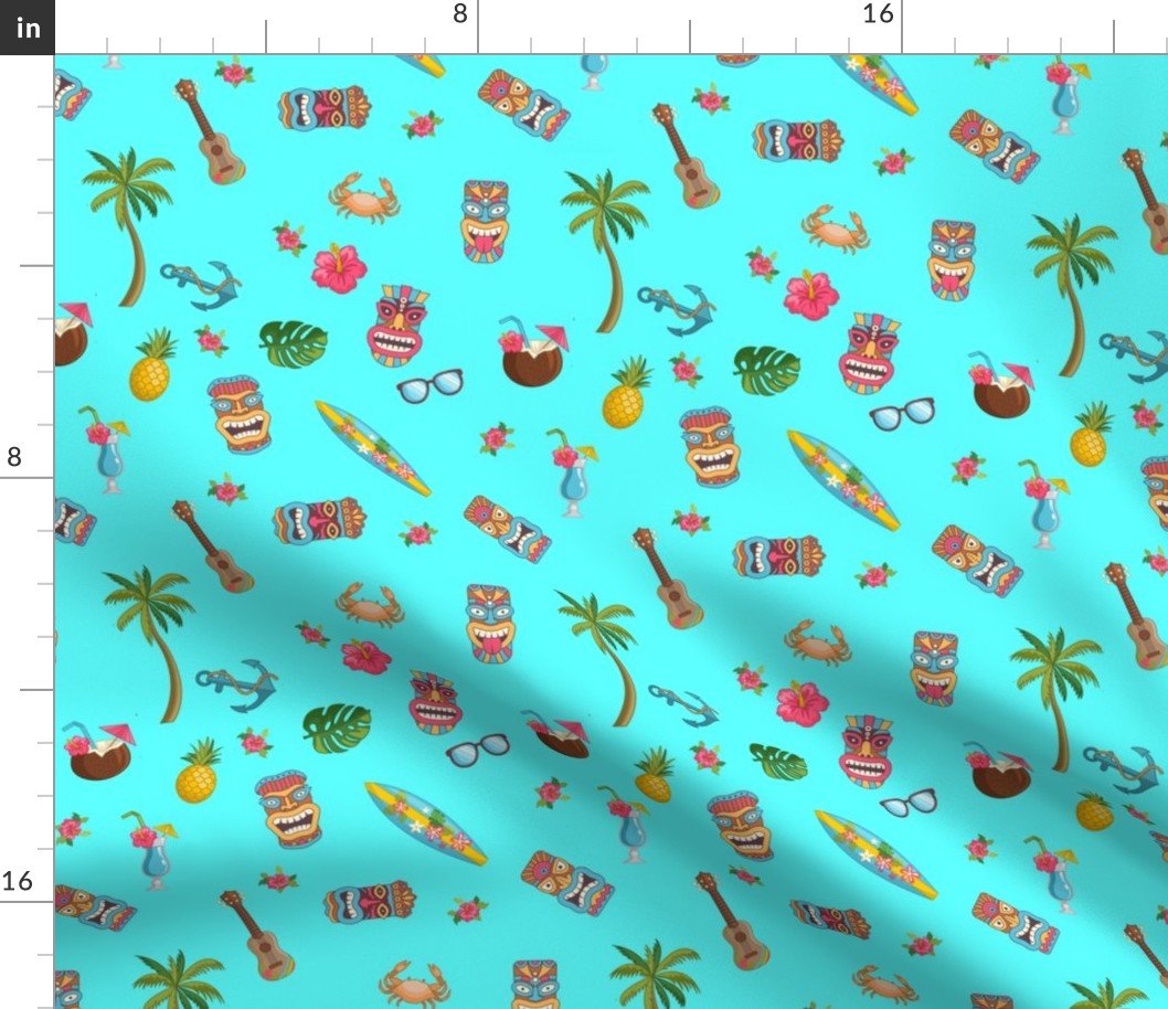 Aqua Tropical Hawaiian Tiki Repeat Pattern Fabric Aqua Tropical Hawaiian Tiki Repeat Pattern Fabric