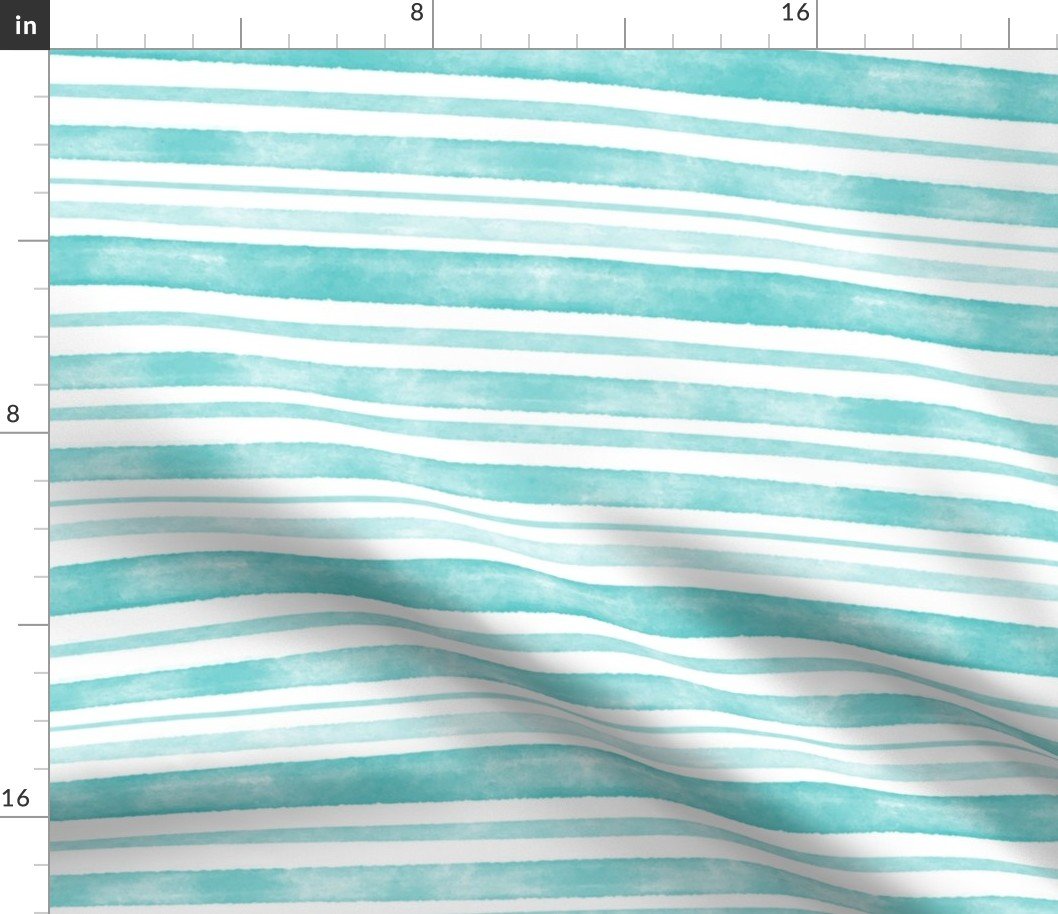 Aqua Watercolor Horizontal Stripes Varied Thick and Thin Fabric
