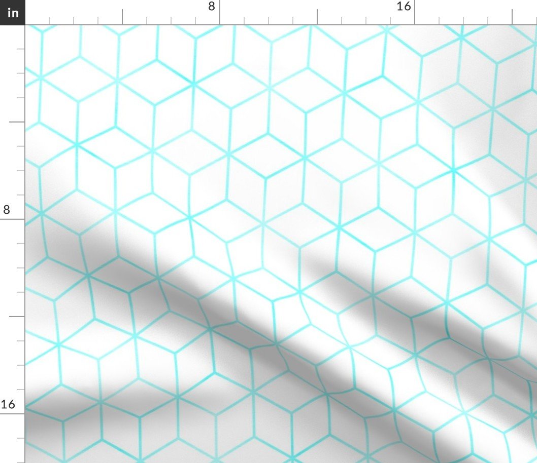 Aqua and White  Faux Metallic Silver Art Deco 3D Geometric Cubes Fabric