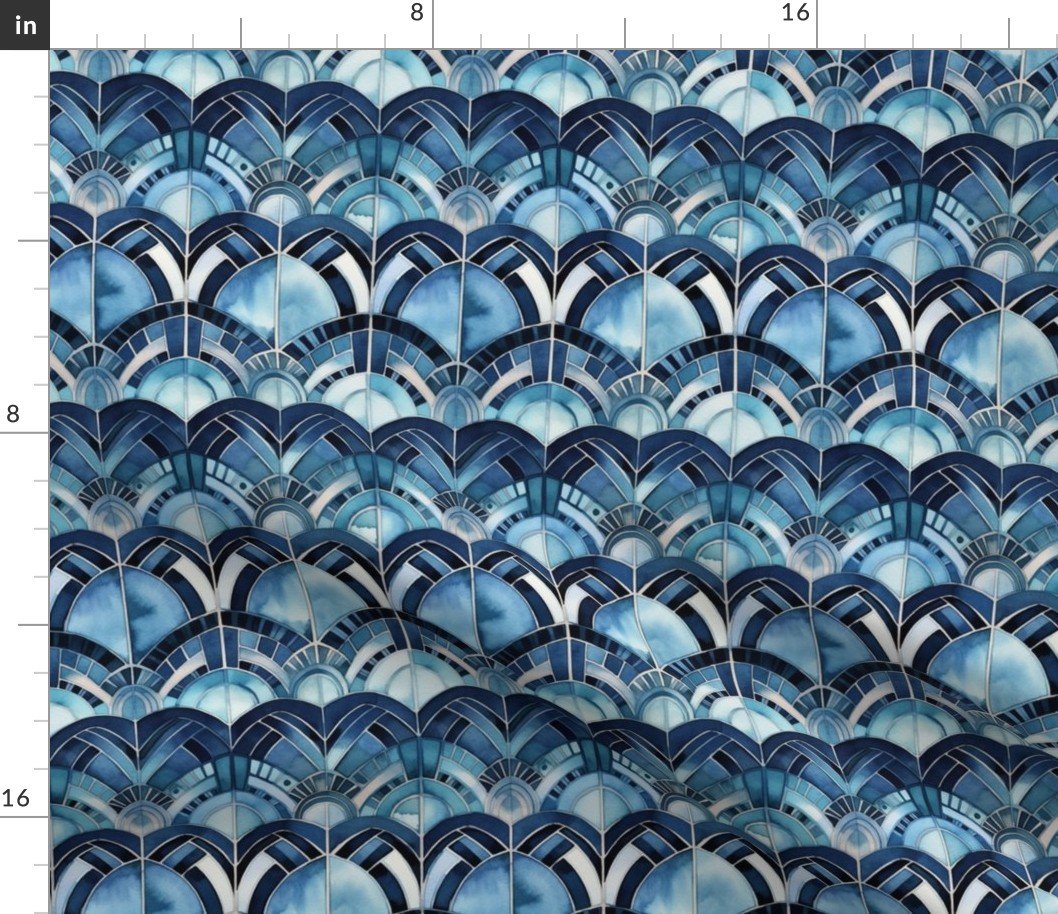 Art Deco Fans in Blues and Black Fabric Art Deco Fans in Blues and Black Fabric