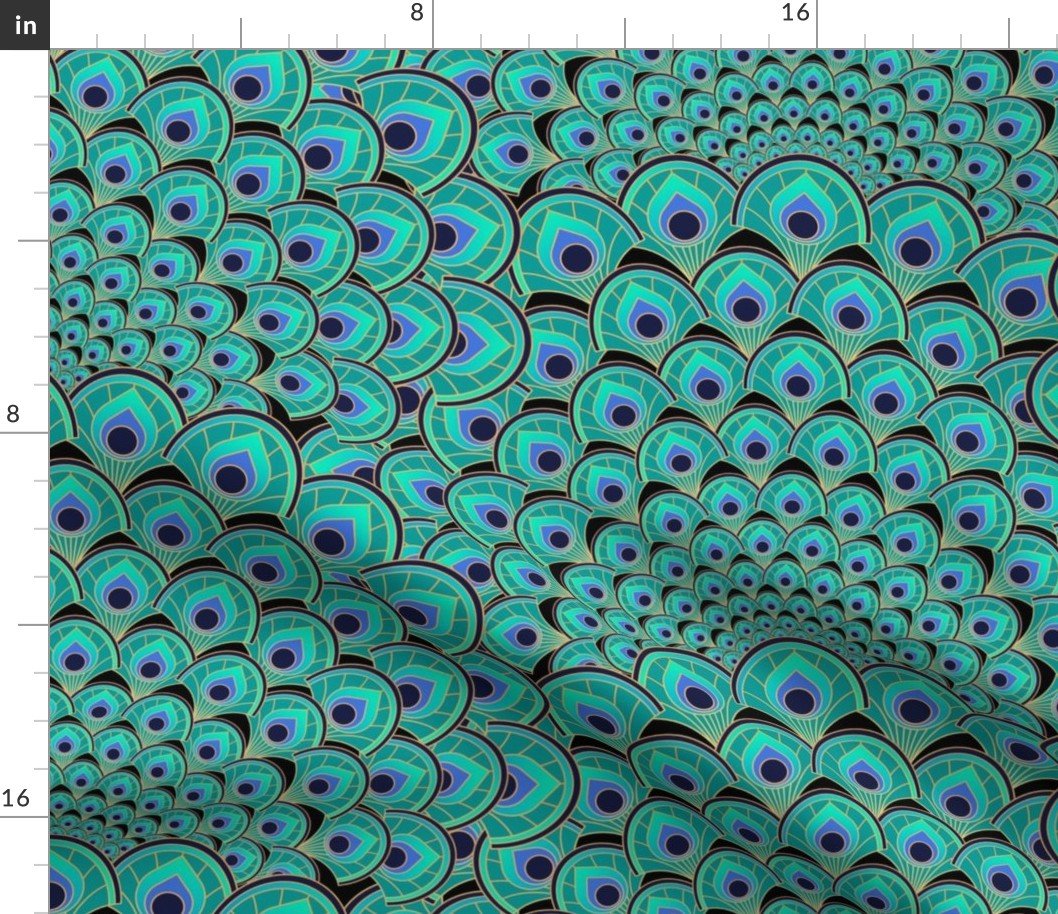 Art Deco Peacock Feathers Black Jade Green Blue and Gold Fabric Art Deco Peacock Feathers Black Jade Green Blue and Gold Fabric