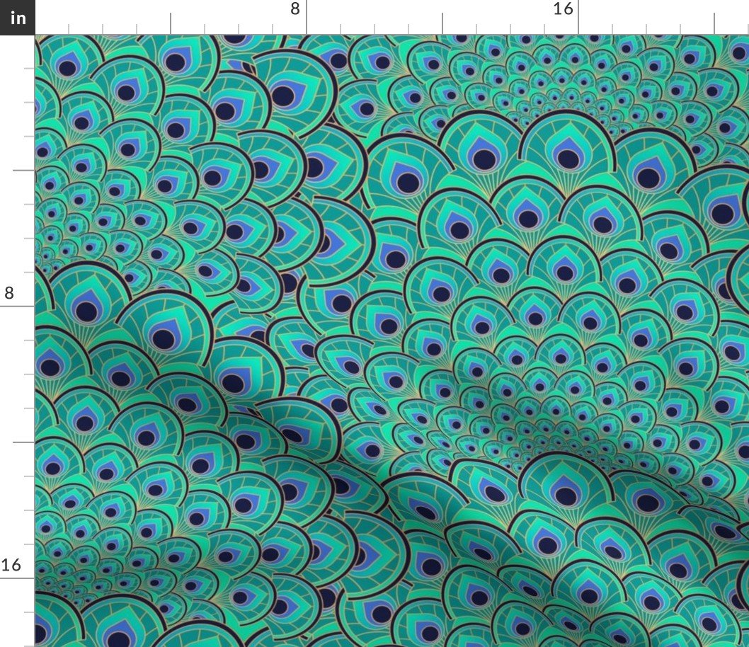 Art Deco Peacock Feathers Turquoise Green Blue and Gold Fabric Art Deco Peacock Feathers Turquoise Green Blue and Gold Fabric