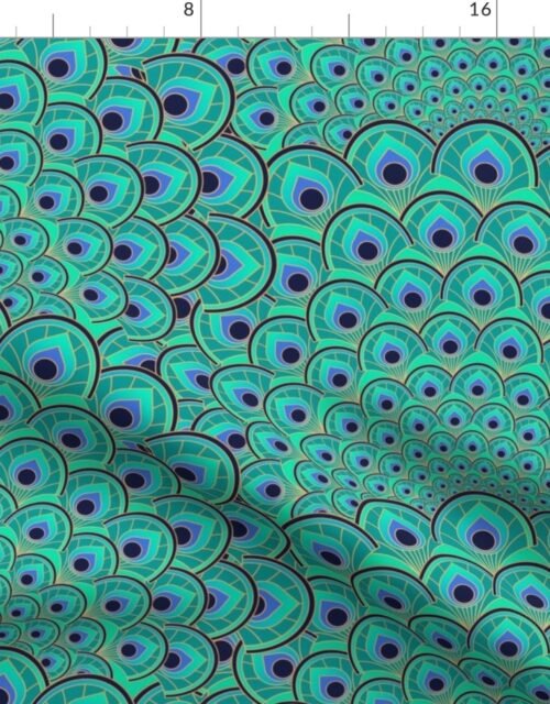 Art Deco Peacock Feathers White Jade Green Blue and Gold Fabric