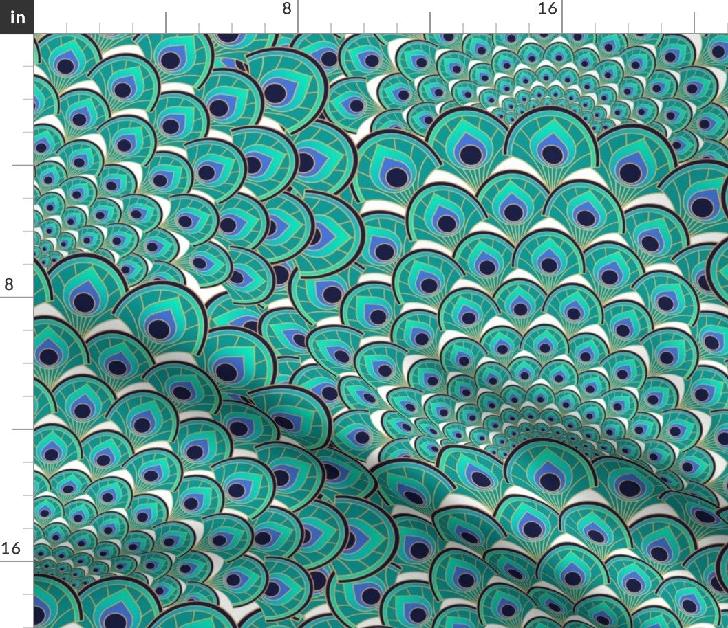 Art Deco Peacock Feathers White Jade Green Blue and Gold Fabric Art Deco Peacock Feathers White Jade Green Blue and Gold Fabric