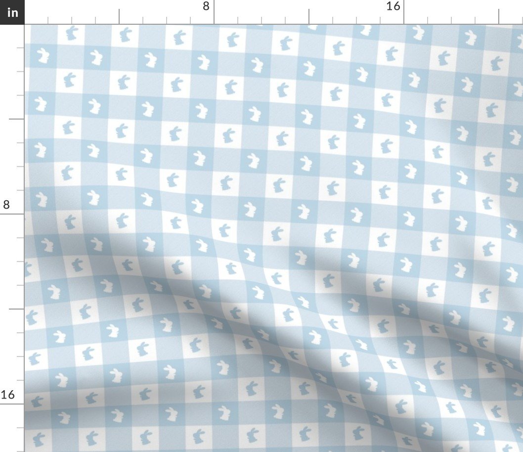 Baby Blue and White Gingham Check with Center Bunny Medallions in Blue and White Fabric