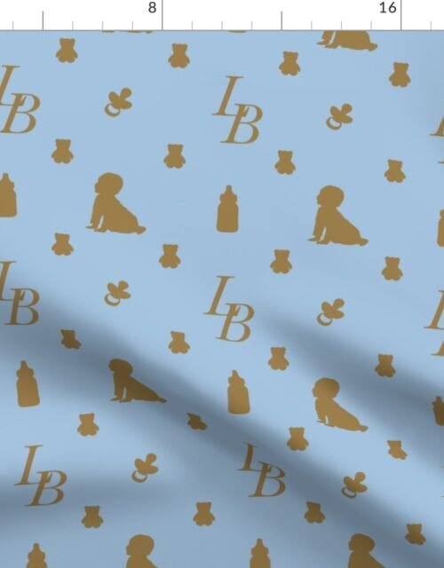 Baby Luxury Iconic Monogram Pattern on Classic Blue with Tan Motifs Fabric