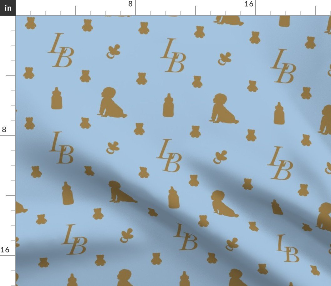 Baby Luxury Iconic Monogram Pattern on Classic Blue with Tan Motifs Fabric