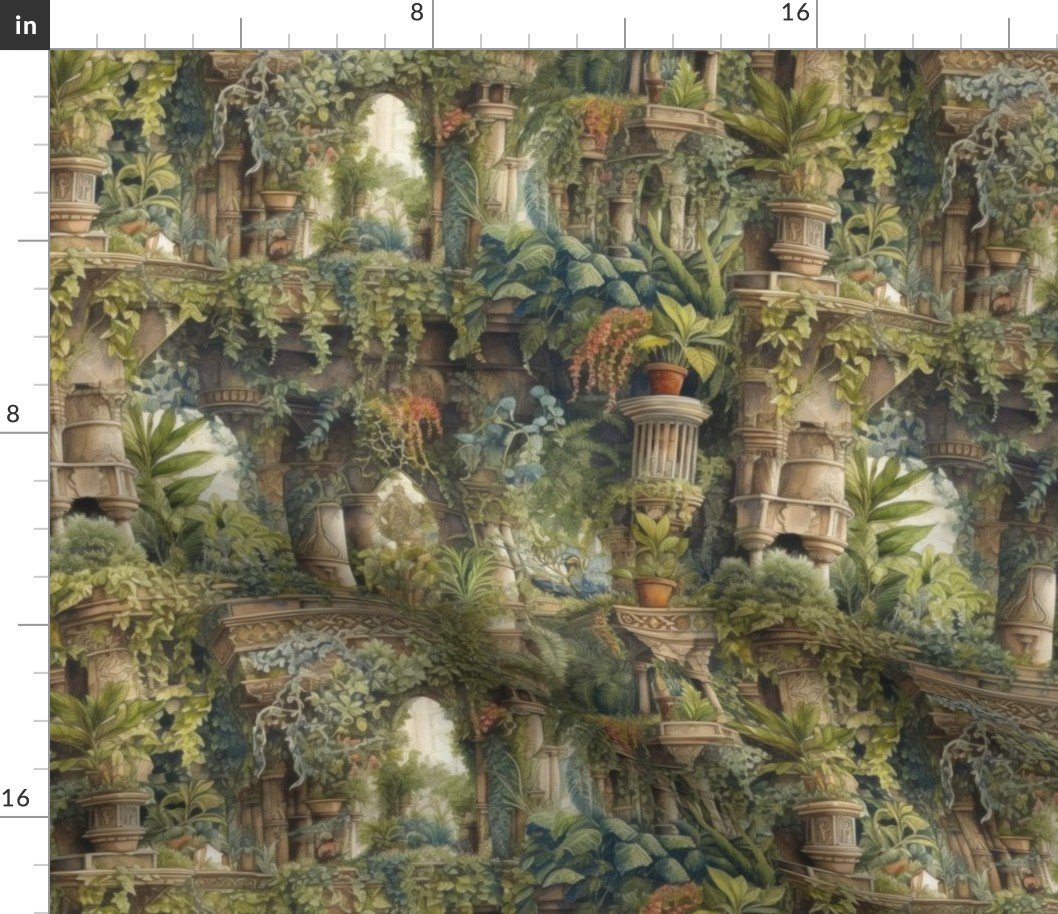 Babylonian Hanging Gardens with Dense Underbrush and Temple Ruins Fabric Babylonian Hanging Gardens with Dense Underbrush and Temple Ruins Fabric