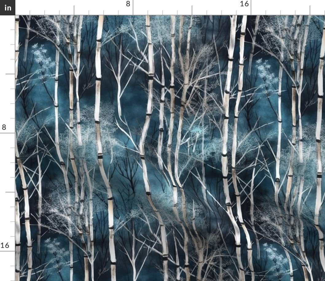 Bamboo Trees in Endless Forest Grove in Muted Winter Blue Watercolors Fabric Bamboo Trees in Endless Forest Grove in Muted Winter Blue Watercolors Fabric