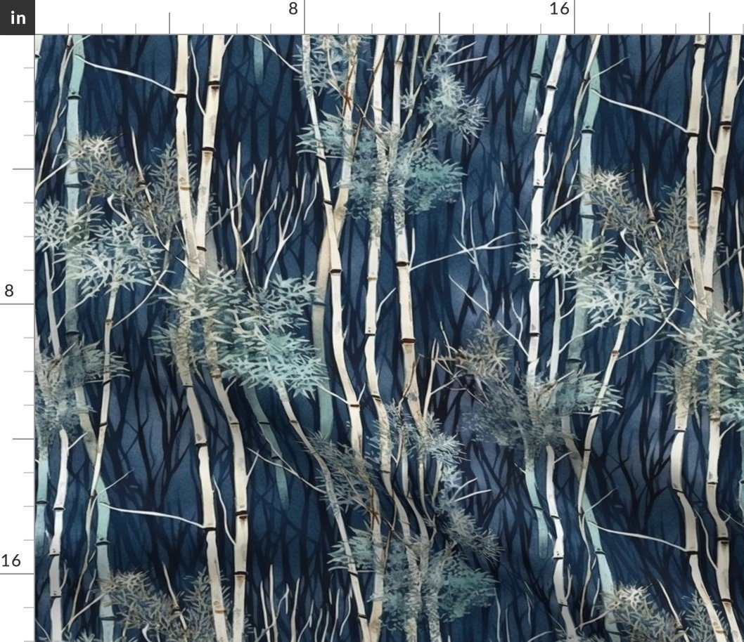 Bamboo Trees in Endless Forest Grove in Muted Winter Blue Watercolors Fabric
