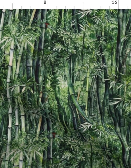 Bamboo Trees in Endless Lush Wet Rain Forest Grove in Green Watercolors Fabric