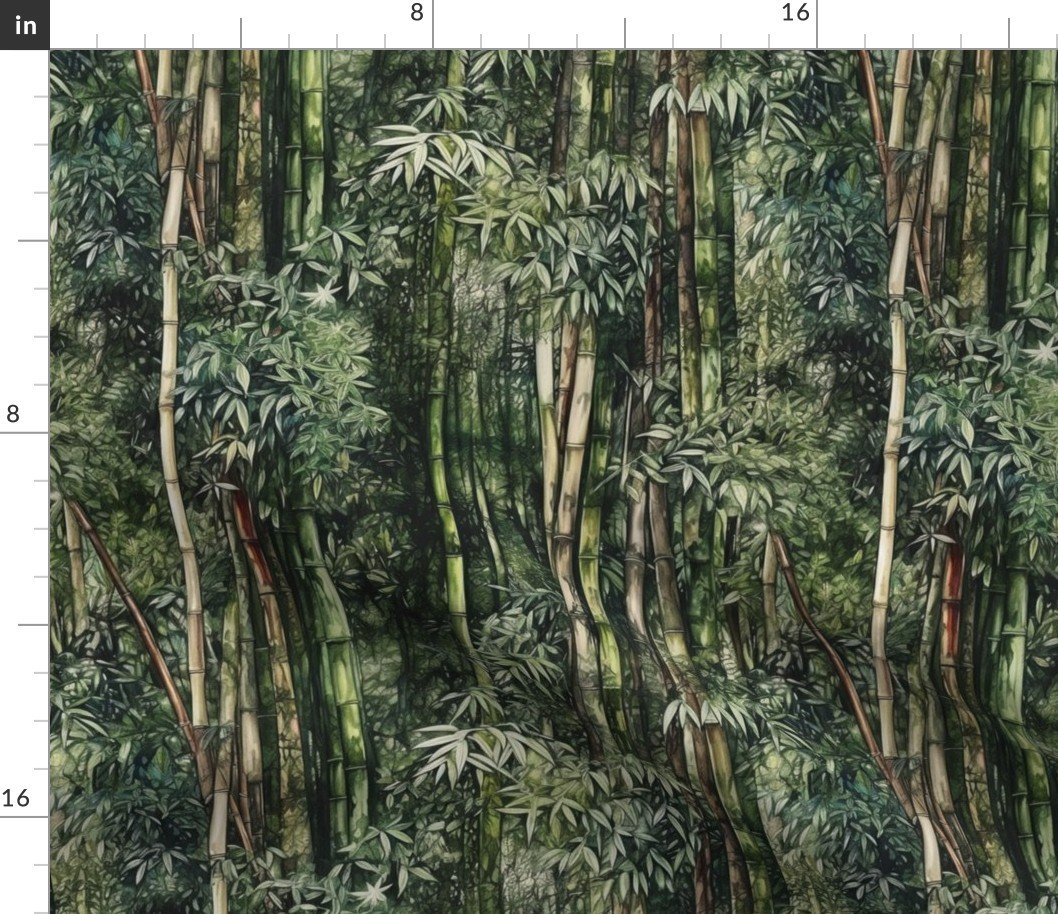 Bamboo Trees in Endless Lush Wet Rain Forest Grove in Green Watercolors Fabric