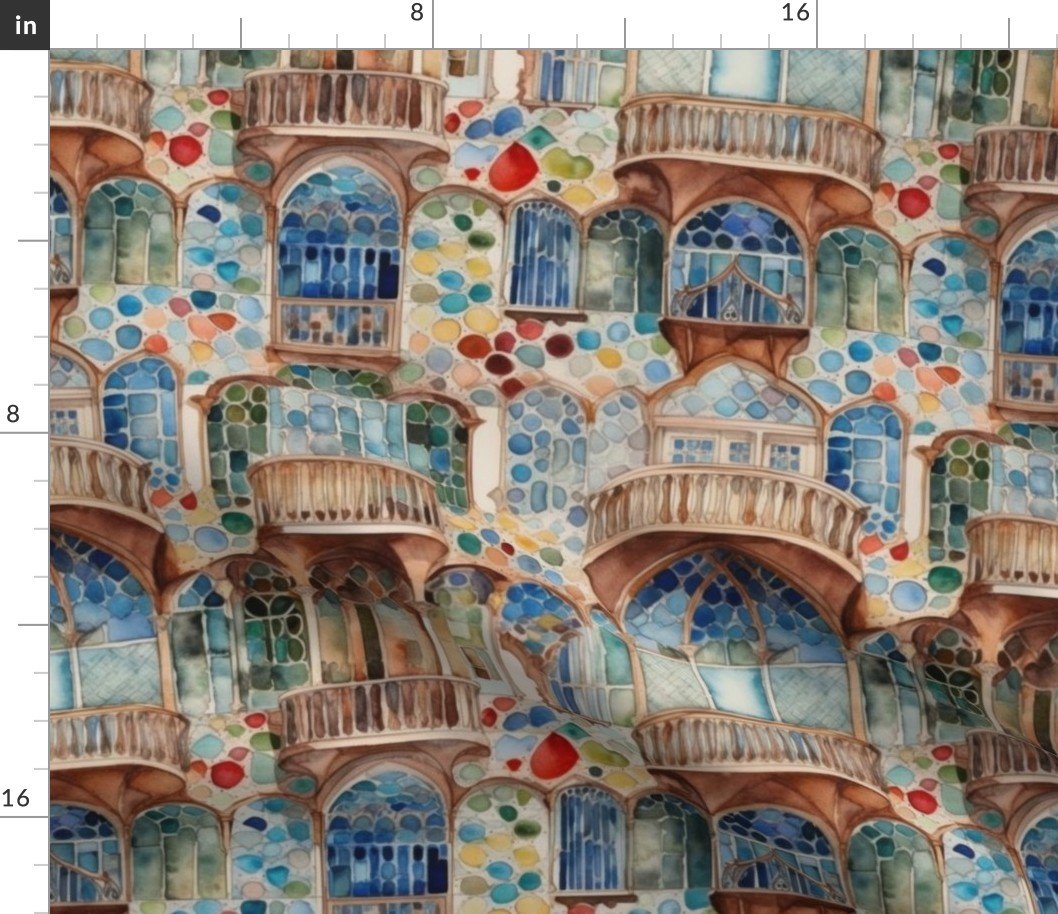 Barcelona House Architectural Detail in Windows, Columns, Arches and Balustrades Fabric Barcelona House Architectural Detail in Windows, Columns, Arches and Balustrades Fabric