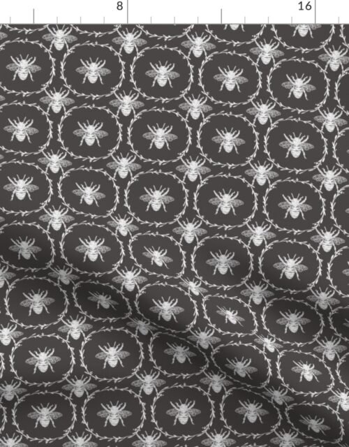 Bees Wreathed in White on Charcoal Grey Fabric