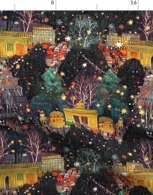 Berlin at New Year's in Watercolors with Fairy Lights and Landmarks Fabric