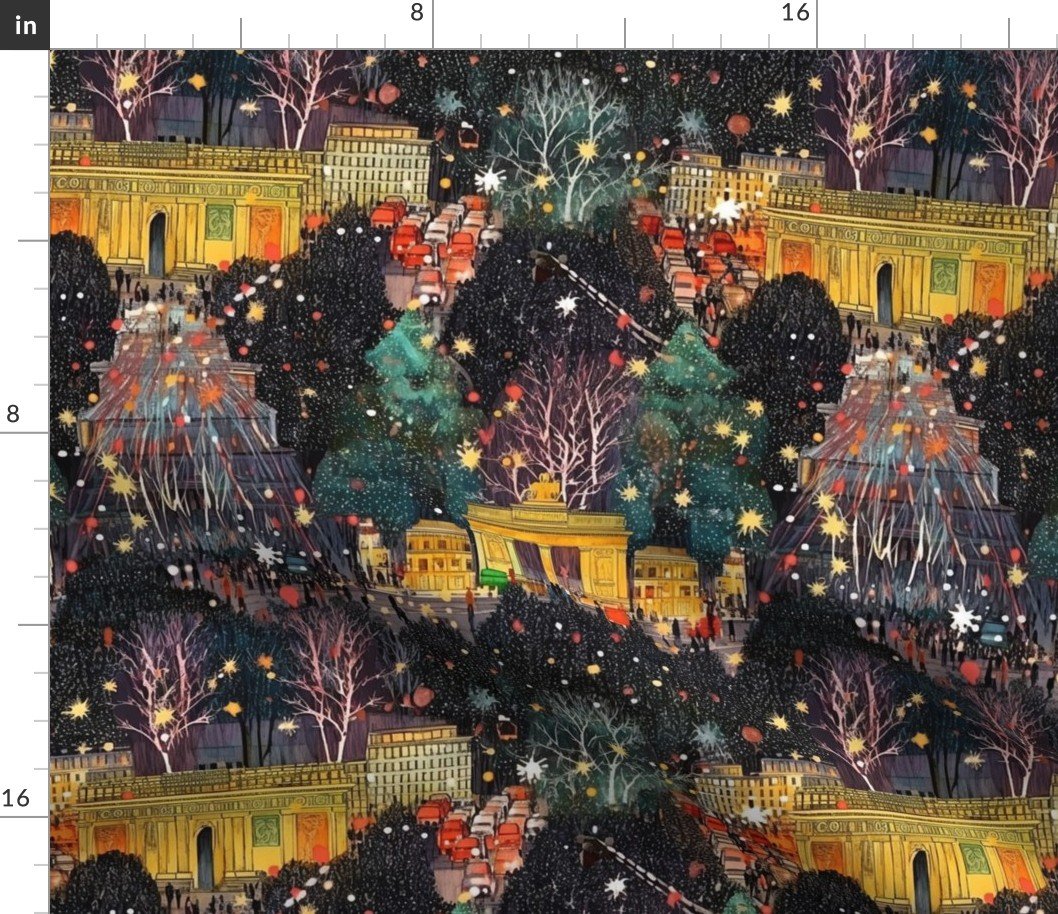 Berlin at New Year's in Watercolors with Fairy Lights and Landmarks Fabric