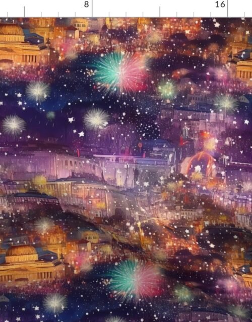 Berlin at New Year's in Watercolors with Fairy Lights and Landmarks Fabric
