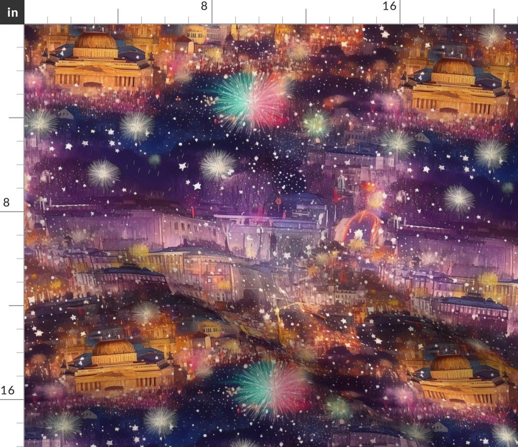 Berlin at New Year’s in Watercolors with Fairy Lights and Landmarks Fabric Berlin at New Year's in Watercolors with Fairy Lights and Landmarks Fabric