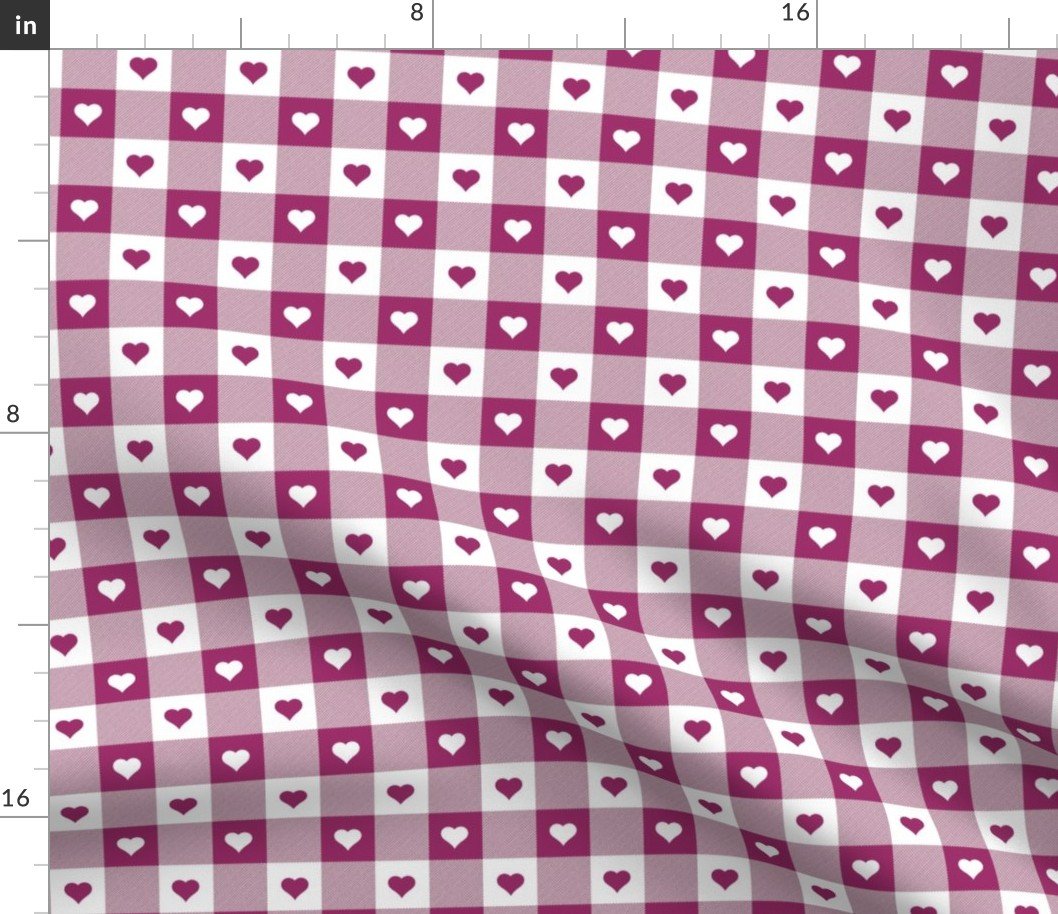 Berry and White Gingham Valentines Check with Center Heart Medallions in Berry and White Fabric