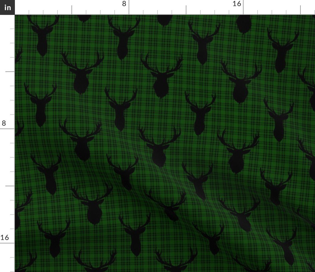 Black Buck Deer Trophy Heads with Antler Racks Mounted on Green and Black Tartan Fabric