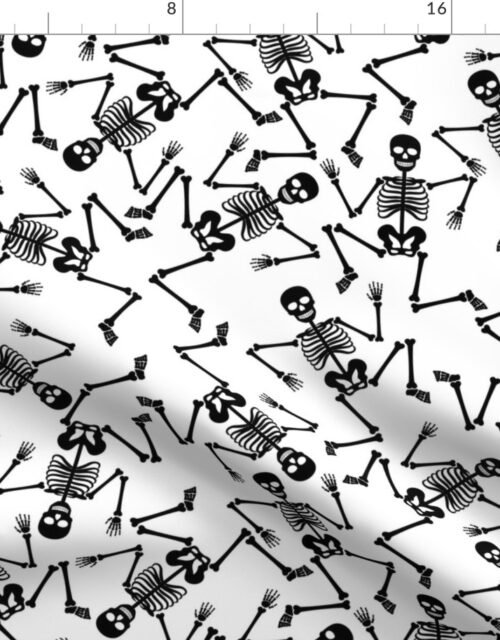 Black Dancing Halloween Skeletons Scattered On White Fabric