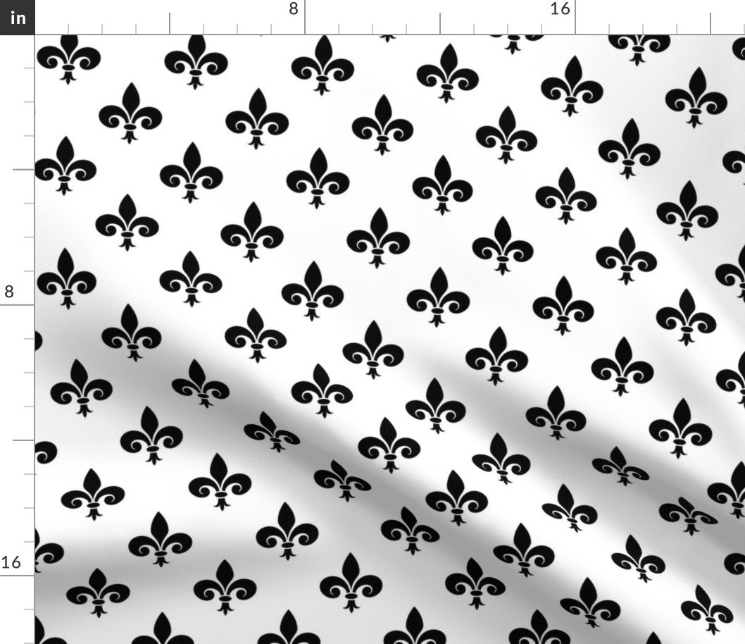 Black French Fleur de Lis on White Fabric Black French Fleur de Lis on White Fabric
