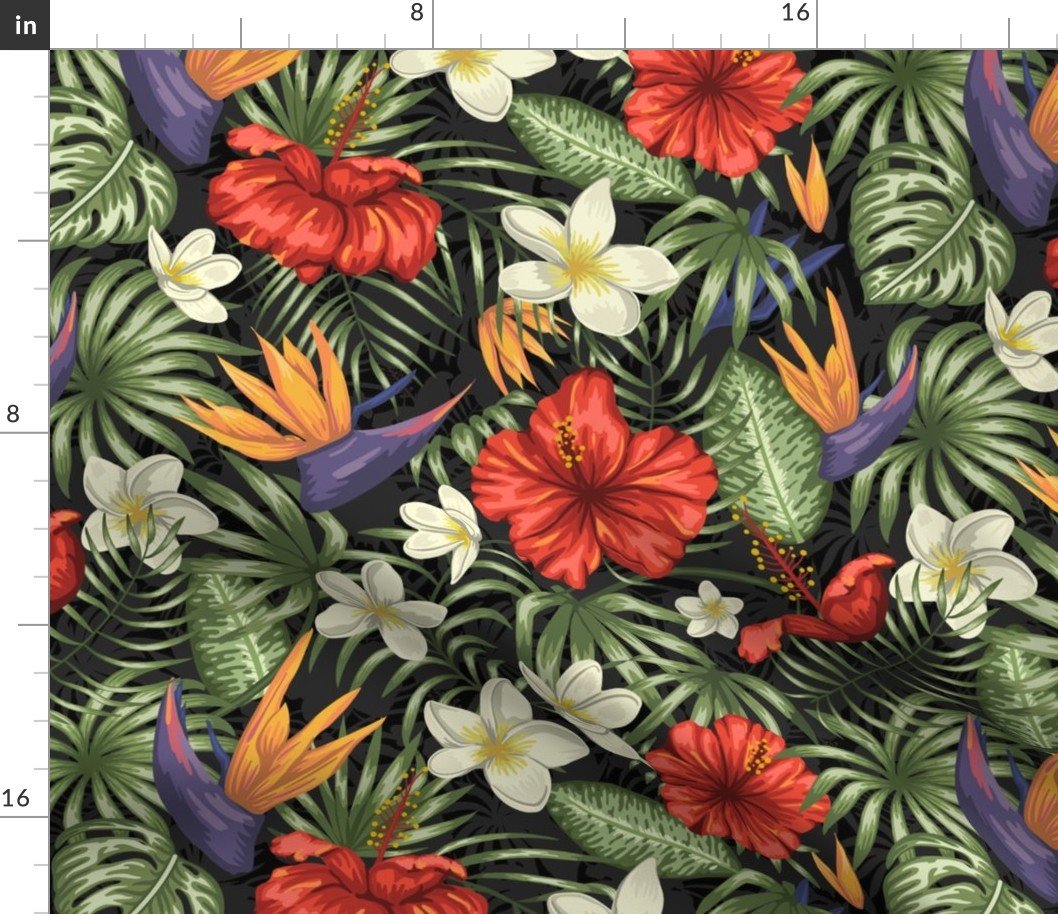 Black Hawaiian Hibiscus Tropical Rainforest Birds of Paradise and Plumeria Fabric Black Hawaiian Hibiscus Tropical Rainforest Birds of Paradise and Plumeria Fabric