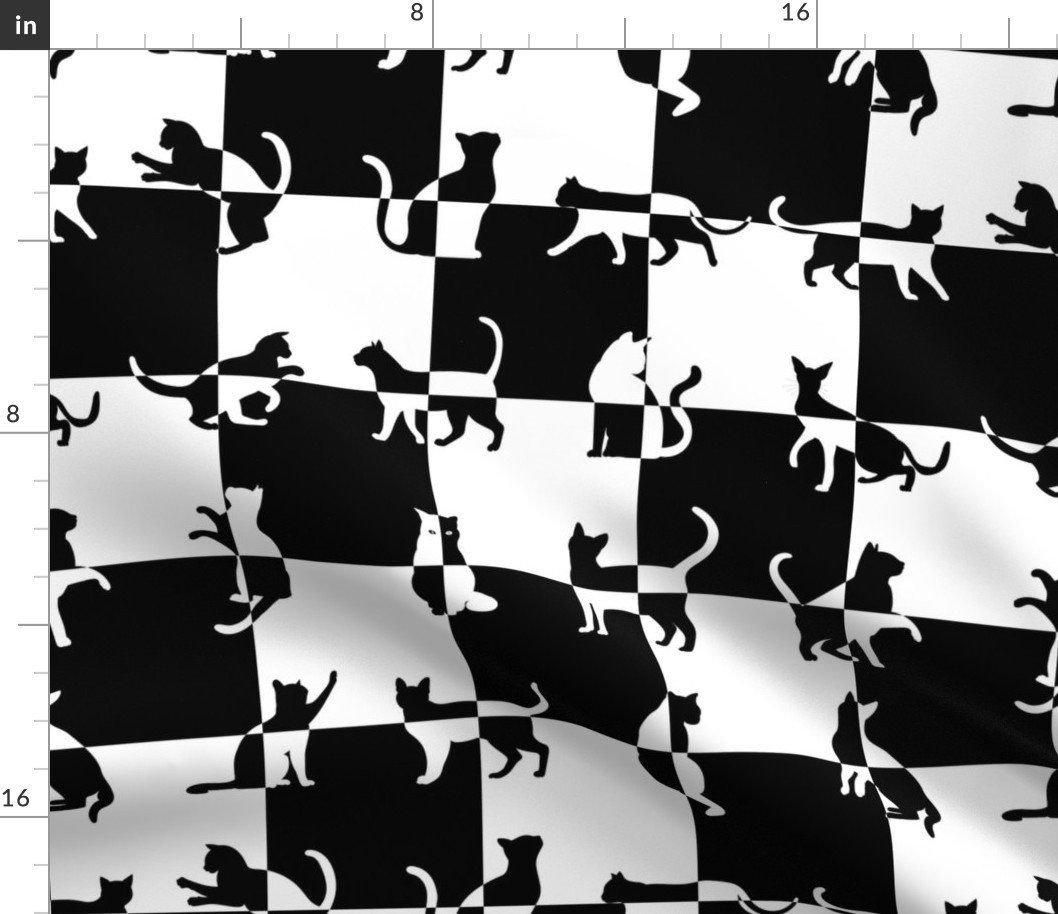 Black and White Cats on Black and White Checked Checker Board Pattern Fabric