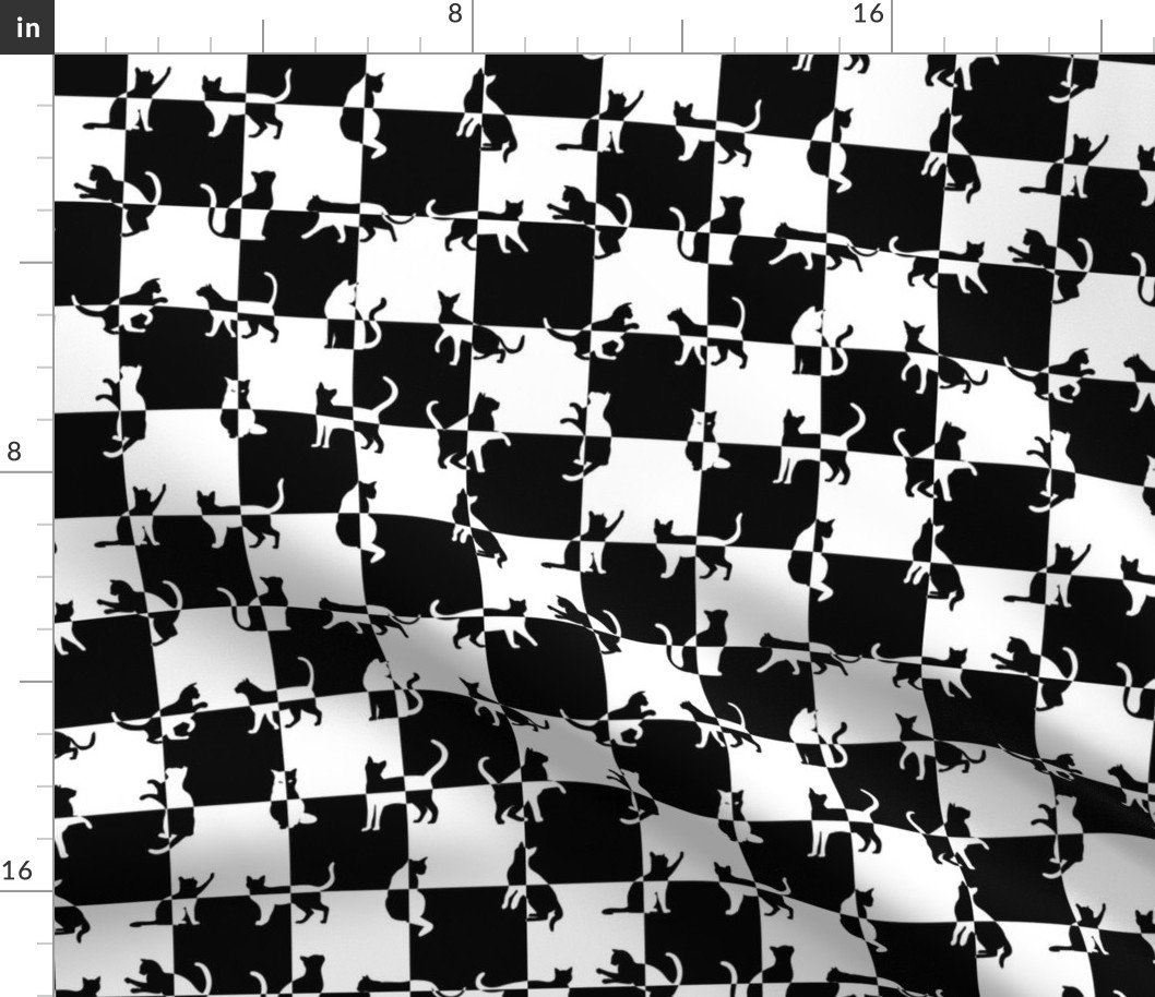 Black and White Cats on Black and White Checked Checker Board Pattern Fabric