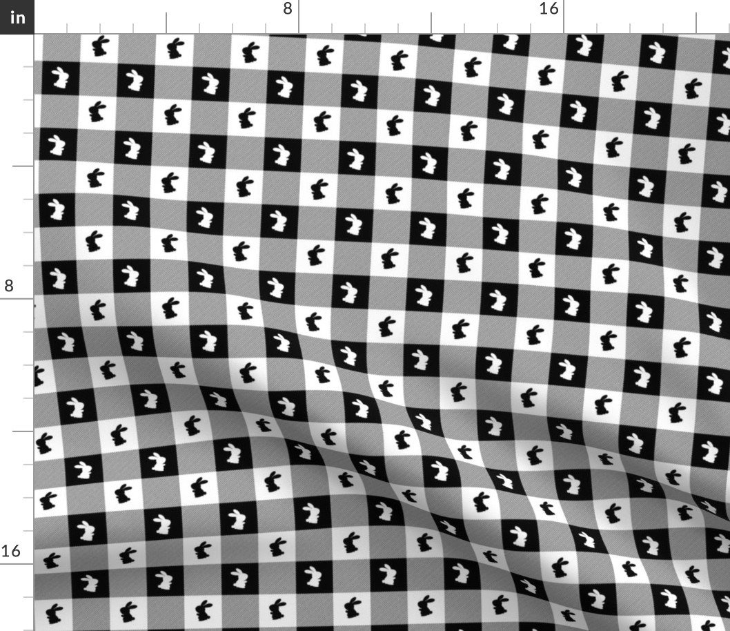 Black and White Easter Gingham Check with Center Bunny in Black and White Fabric