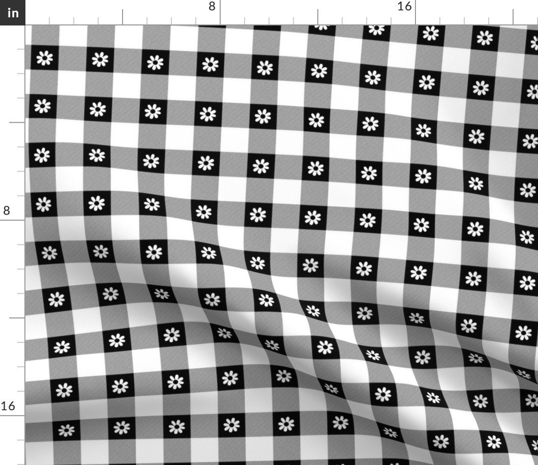 Black and White Gingham Check with Center Floral Medallions in White Fabric