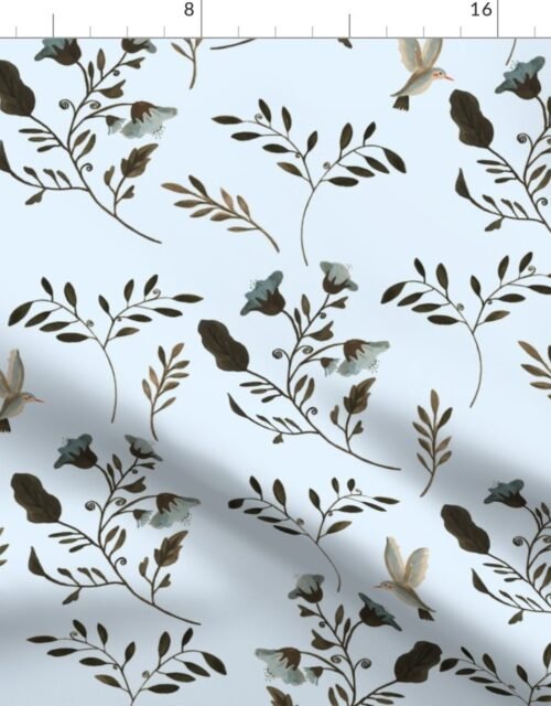 Blue Bluebells and Bluebirds Floral Pattern on Baby Blue Fabric