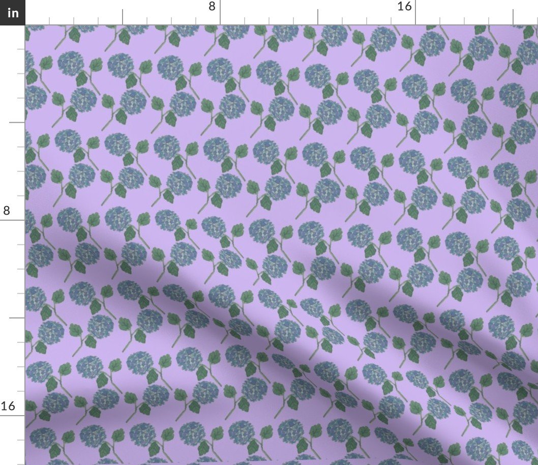 Blue Nantucket Hydrangeas Repeat on Pale Lilac Hand Painted Watercolor Fabric