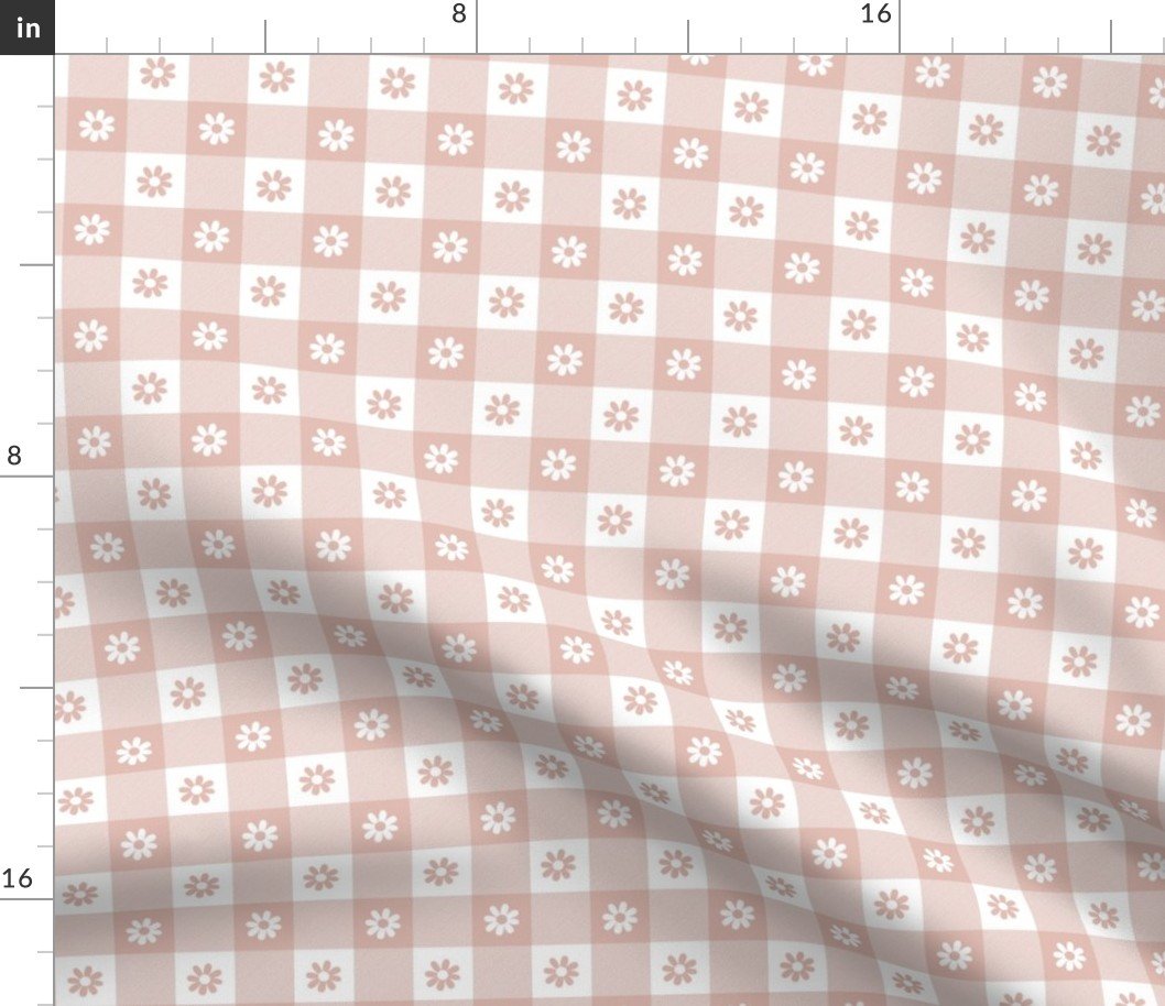 Blush and White Gingham Floral Check with Center Floral Medallions in Blush and White Fabric Blush and White Gingham Floral Check with Center Floral Medallions in Blush and White Fabric