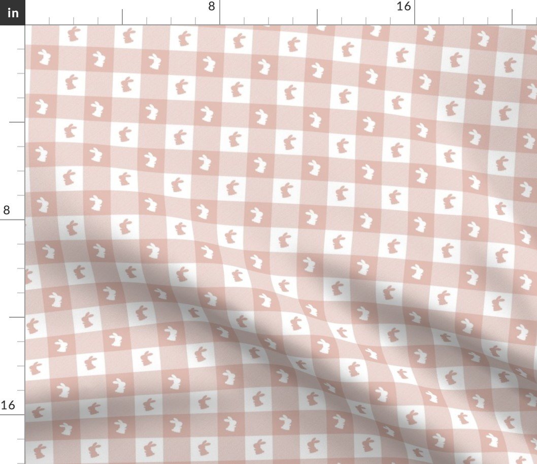 Blush and White Gingham Easter Check with Center Bunny Medallions in Blush and White Fabric