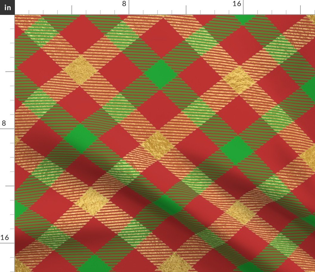 Bright Faux Gold Foil Tartan Plaid with Christmas Red and Green Fabric