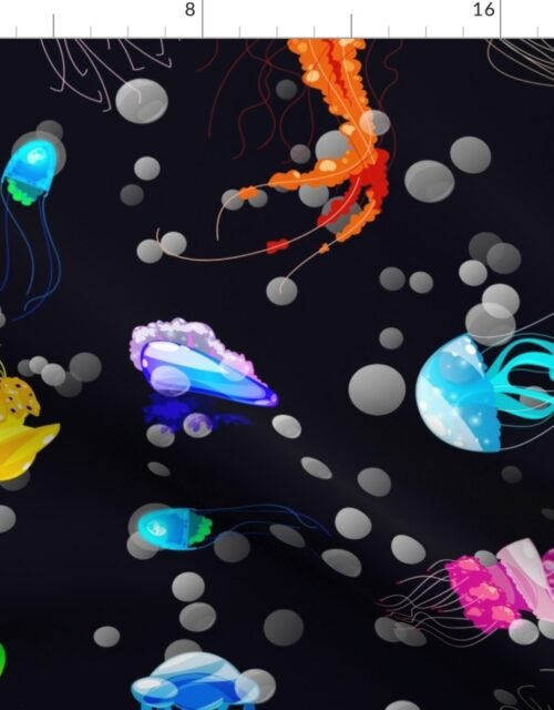 Bright Neon Rainbow Colored Jellyfish in Black Sea Blue Fabric