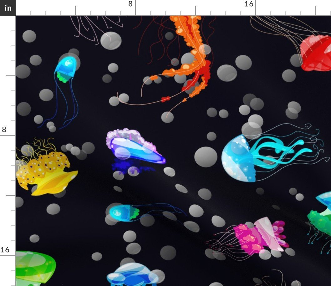 Bright Neon Rainbow Colored Jellyfish in Black Sea Blue Fabric Bright Neon Rainbow Colored Jellyfish in Black Sea Blue Fabric