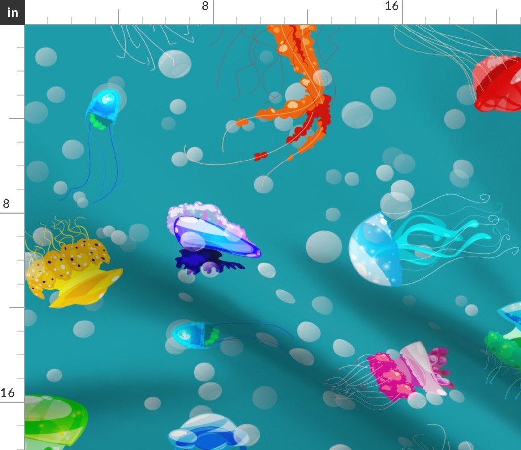 Bright Neon Rainbow Colored Jellyfish in Caribbean Sea Blue Fabric Bright Neon Rainbow Colored Jellyfish in Caribbean Sea Blue Fabric