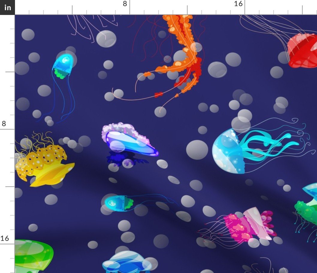 Bright Neon Rainbow Colored Jellyfish in Deep Adriatic Sea Blue Fabric