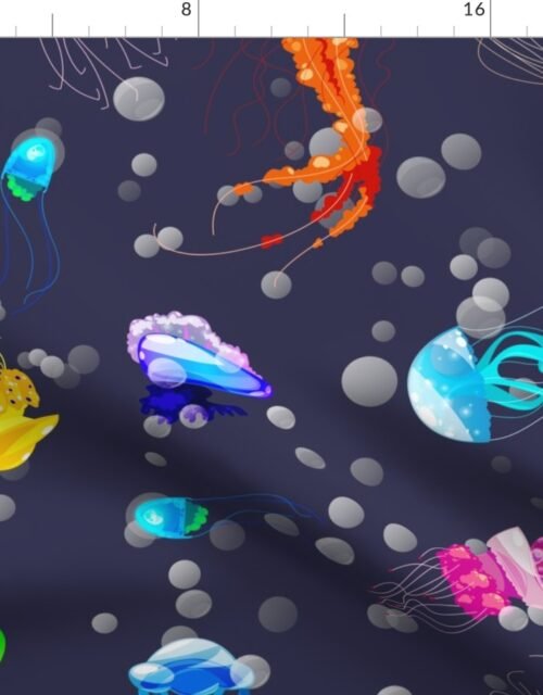 Bright Neon Rainbow Colored Jellyfish in Deep Arctic Ocean Blue Fabric