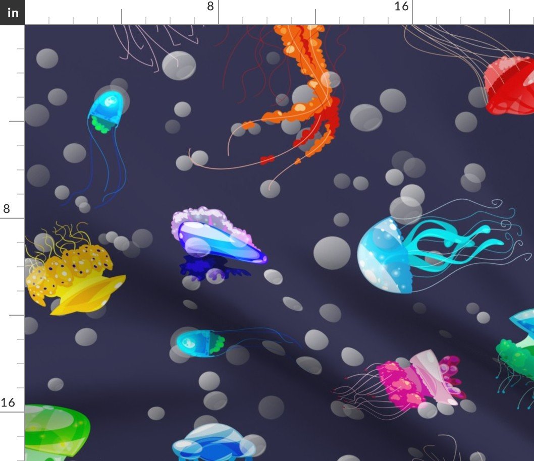Bright Neon Rainbow Colored Jellyfish in Deep Arctic Ocean Blue Fabric