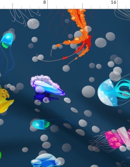 Bright Neon Rainbow Colored Jellyfish in Deep Atlantic Ocean Blue Fabric