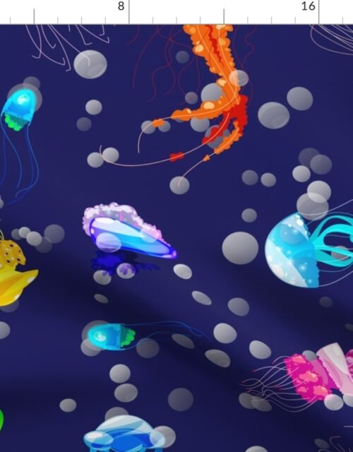 Bright Neon Rainbow Colored Jellyfish in Deep Pacific Ocean Blue Fabric
